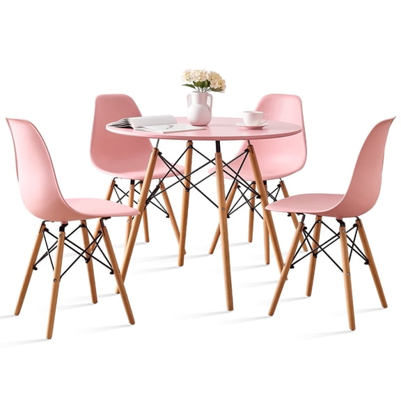 Round Dining Table Set for 4, 31.5" Circle Kitchen Table with Chairs, Wood Strip Base for Kitchen Living Room Space Saving Apartment, Pink