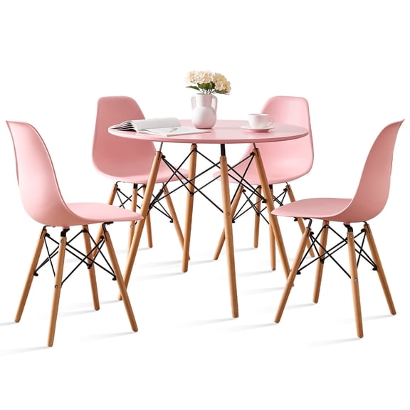 Round Dining Table Set for 4, 31.5" Circle Kitchen Table with Chairs, Wood Strip Base for Kitchen Living Room Space Saving Apartment, Pink