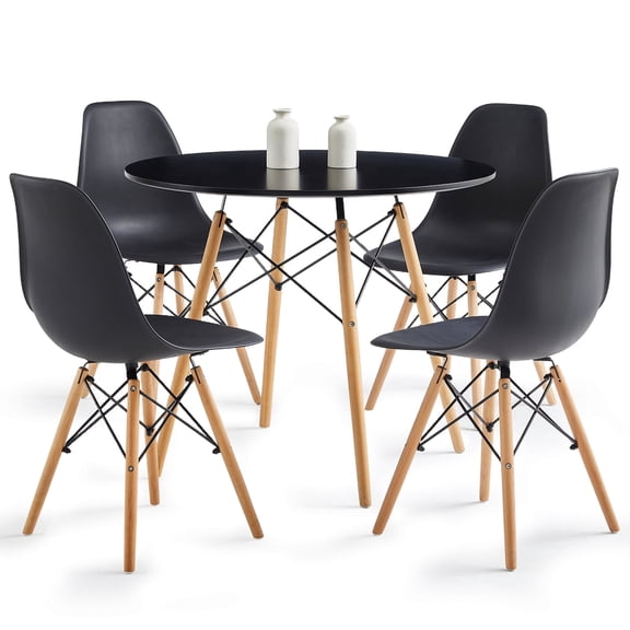 Round Dining Table Set for 4, 35.5" Circle Kitchen Table with Chairs, Wood Strip Base for Kitchen Living Room Space Saving Apartment, Black