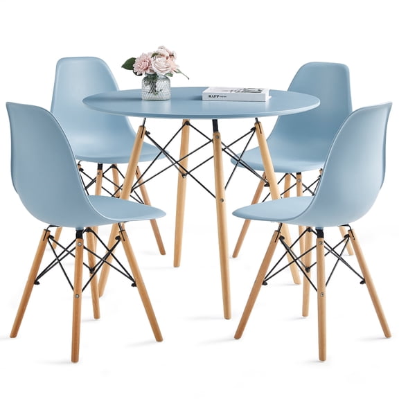 Round Dining Table Set for 4, 35.5" Circle Kitchen Table with Chairs, Wood Strip Base for Kitchen Living Room Space Saving Apartment, Blue