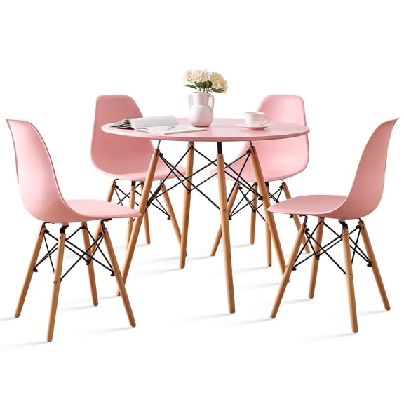 Round Dining Table Set for 4, 35.5" Circle Kitchen Table with Chairs, Wood Strip Base for Kitchen Living Room Space Saving Apartment, Pink