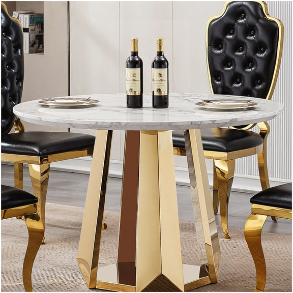 Round Dining Table Set for 4, Glossy White Marble Top and Gold Legs, Kitchen & Dining Room Table
