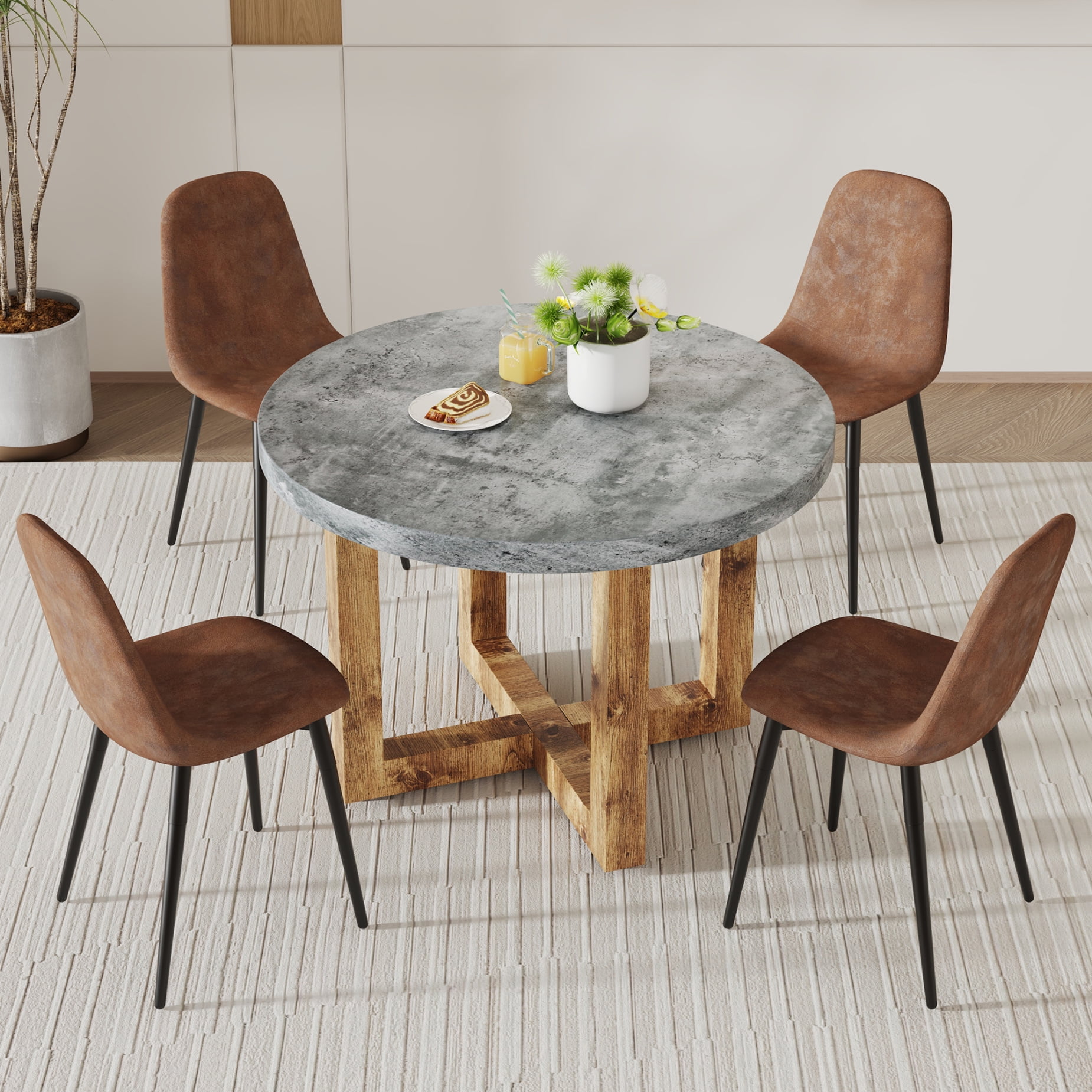 Round Dining Table Set for 4 MDF Center Table and PU Chairs Set 4 for Kitchen Living Room Dining Room Gray Brown