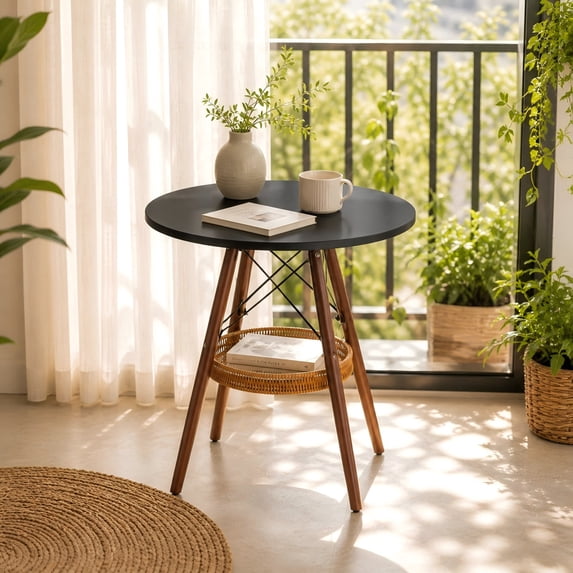 Round Dining Table Storage Basket MDF Solid Wood Black Walnut 31.5 Inch for Kitchen Balcony