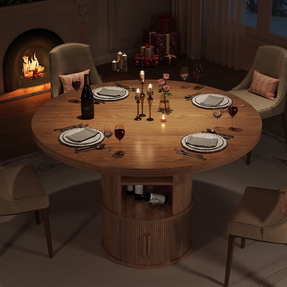 Round Dining Table with Storage, Farmhouse Modern Kitchen Table for 4-6, Circular Wood Grain Dining Room Table for Small Spaces, Space Saving Pedestal Table for Apartment & Breakfast Nook, Walnut
