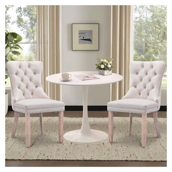 Round Dining Table and Chairs Set for 2, 3 Piece Kitchen Table Set - White Table with 2 Beige Chairs, Space Saving Compact Set for Small Spaces