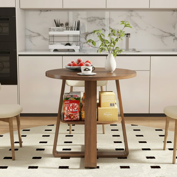Round Dining Table for 2, Kitchen Dining Room Circle Dinner Cross Pedestal Table,Space Saving, Walnut