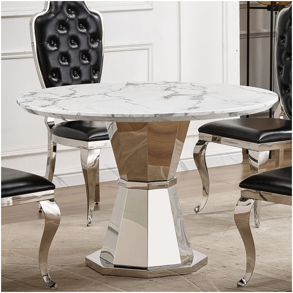 Round Dining Table for 4-6, Modern Faux Marble Top and Chrome Base, 47 Inch Kitchen Dining Room Table in Silver