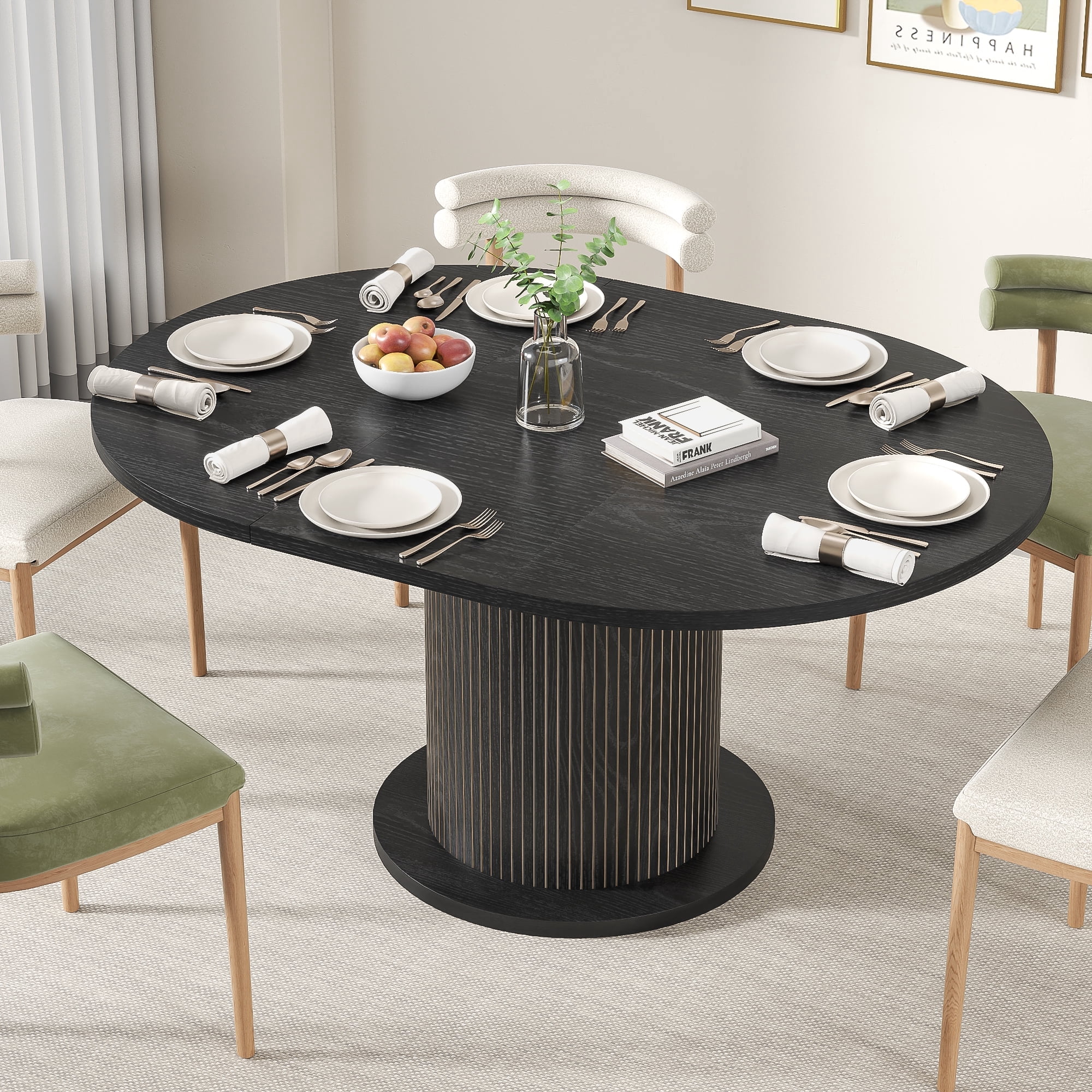 Round Dining Table for 4-6 People, 43.3“-59“Extendable Round Kitchen Dining Table with Pedestal Base, Black