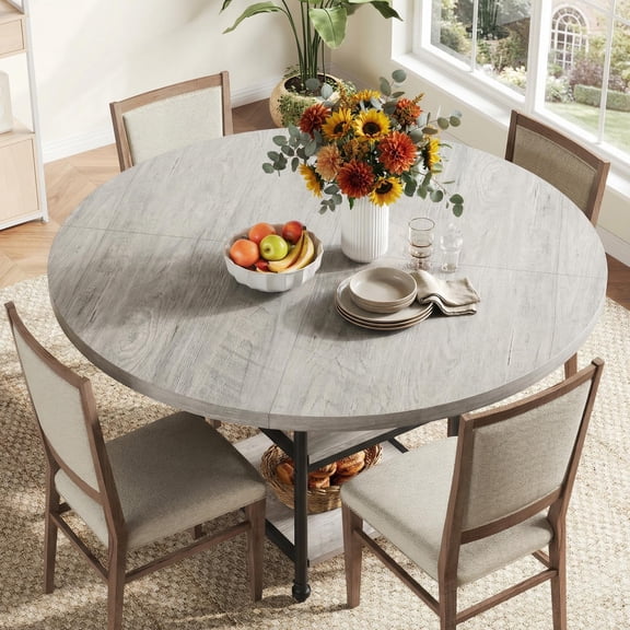Round Dining Table for 4-6 People 47 Inch Dining Table with 2-Layer Storage Shelf, Farmhouse-Style Wooden Table for Dining Room, Gray