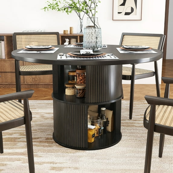 Round Dining Table for 4-6 People, 47 Inches Kitchen Dining Table with 2-Layer Storage Shelf for Dining Room, Kitchen, Living Room, Black(Table Only)