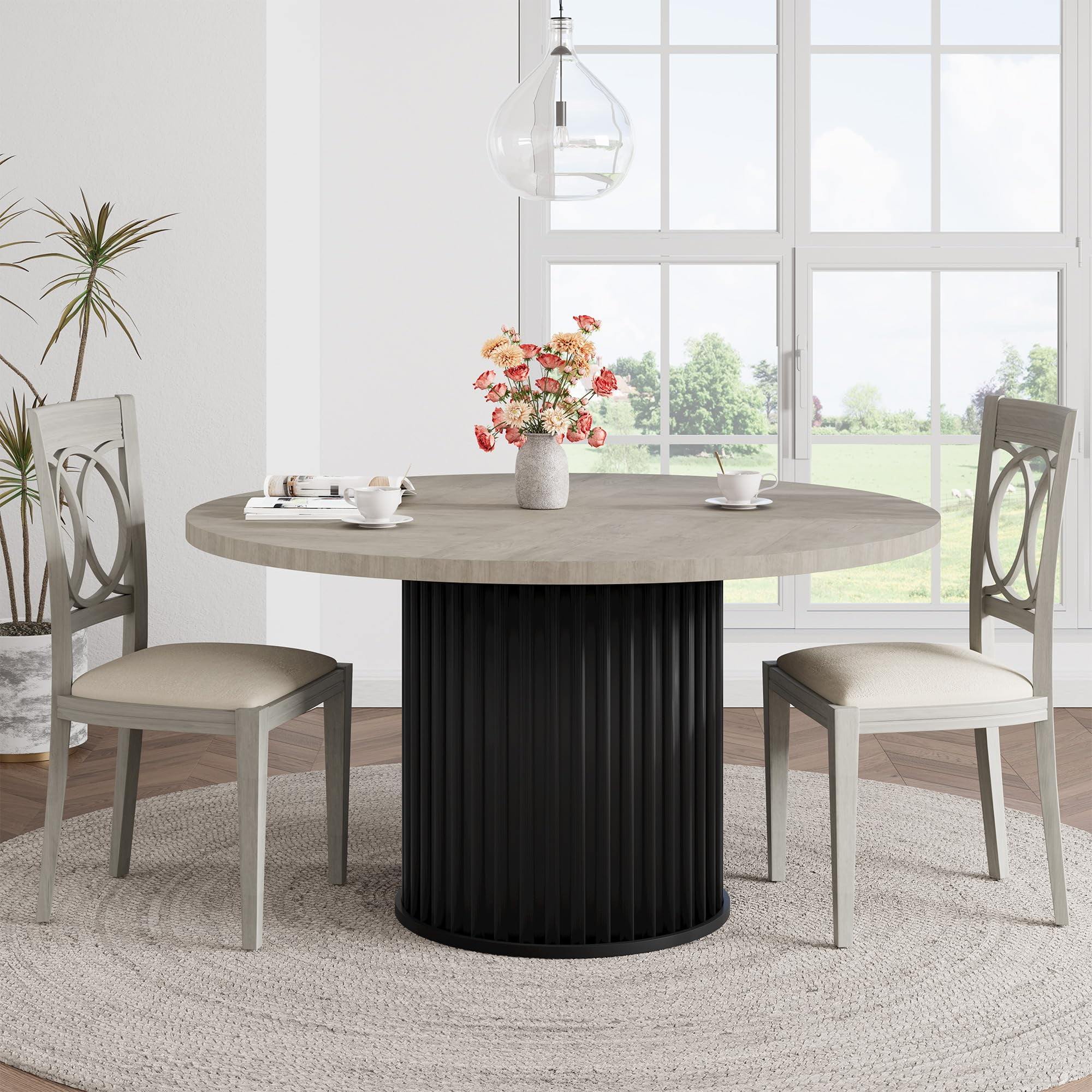 Round Dining Table for 4-6 People, 47‘’ Modern Kitchen Table with Fluted Metal Pedestal Base, Circle Dinner Furniture