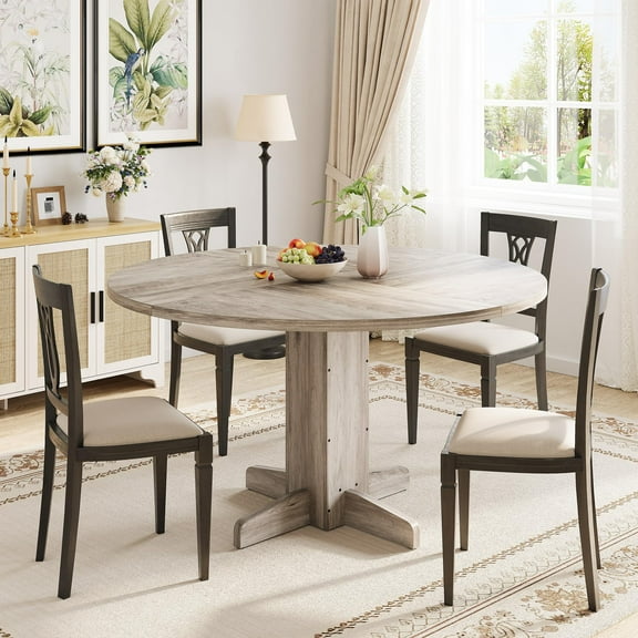 Round Dining Table for 4-6 People, 47" Wood Kitchen Table with Sturdy Pedestal Base, Farmhouse Circle Dinner Tables