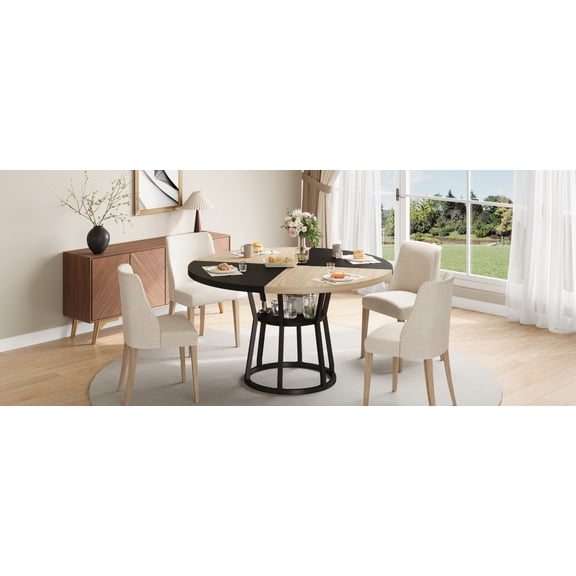 Round Dining Table for 4–6 – Space-Saving Farmhouse Kitchen Table with Storage Shelf, Wood Top & Metal Legs for Dining Room or Apartment