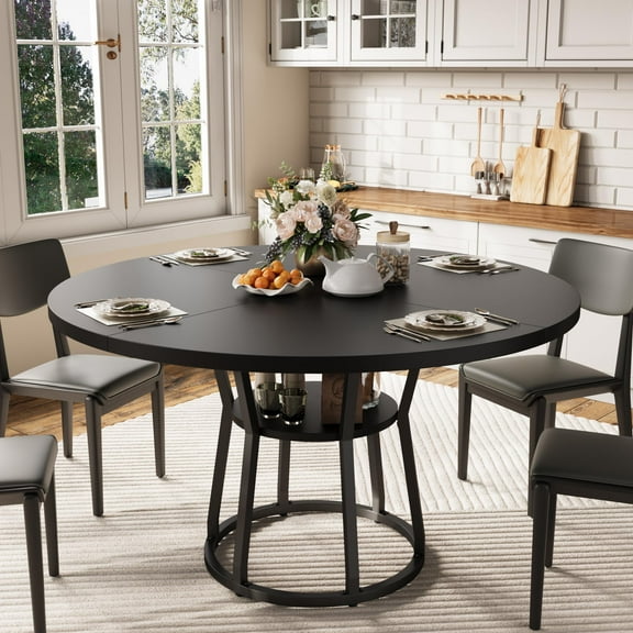 Round Dining Table for 4-6, Wood Dining Room Table with Storage Shelf & Metal Base, Farmhouse Kitchen Table, Round Table for Home