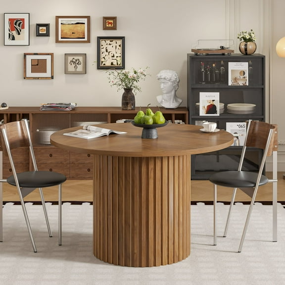 Round Dining Table for 4, Farmhouse Kitchen Table, Modern Circle Dining Tables for Kitchen, Living Room (Walnut)