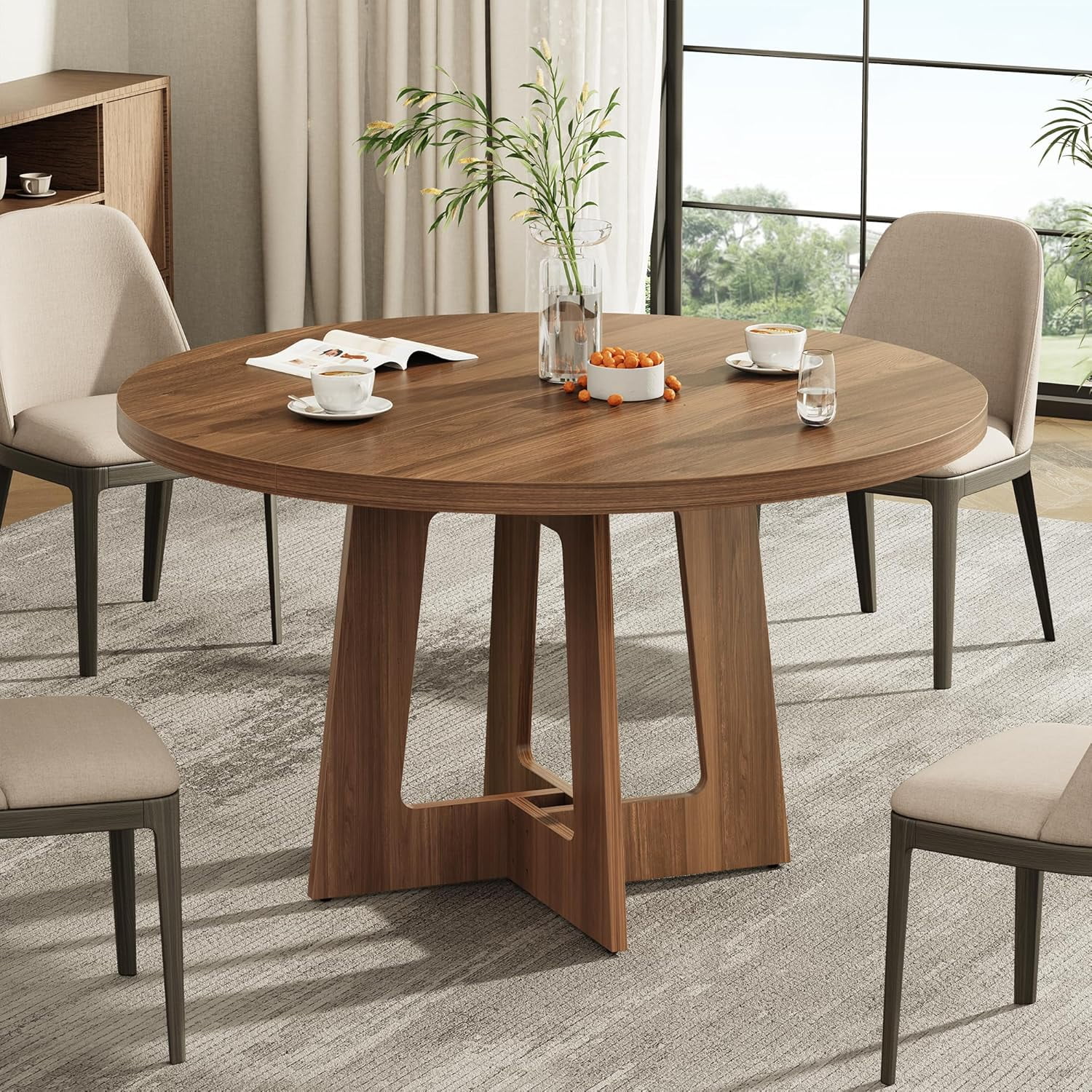 Round Dining Table for 4, Farmhouse Kitchen Table, Wooden Circle Dinner Room Table for Home Dining Room Kitchen Living Room (Walnut Brown)