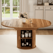 Hommpa 59" Extendable Dining Table for 4-6 People, Round Kitchen Table with Storage, Wood Table for Dining Room, Living Room, Walnut