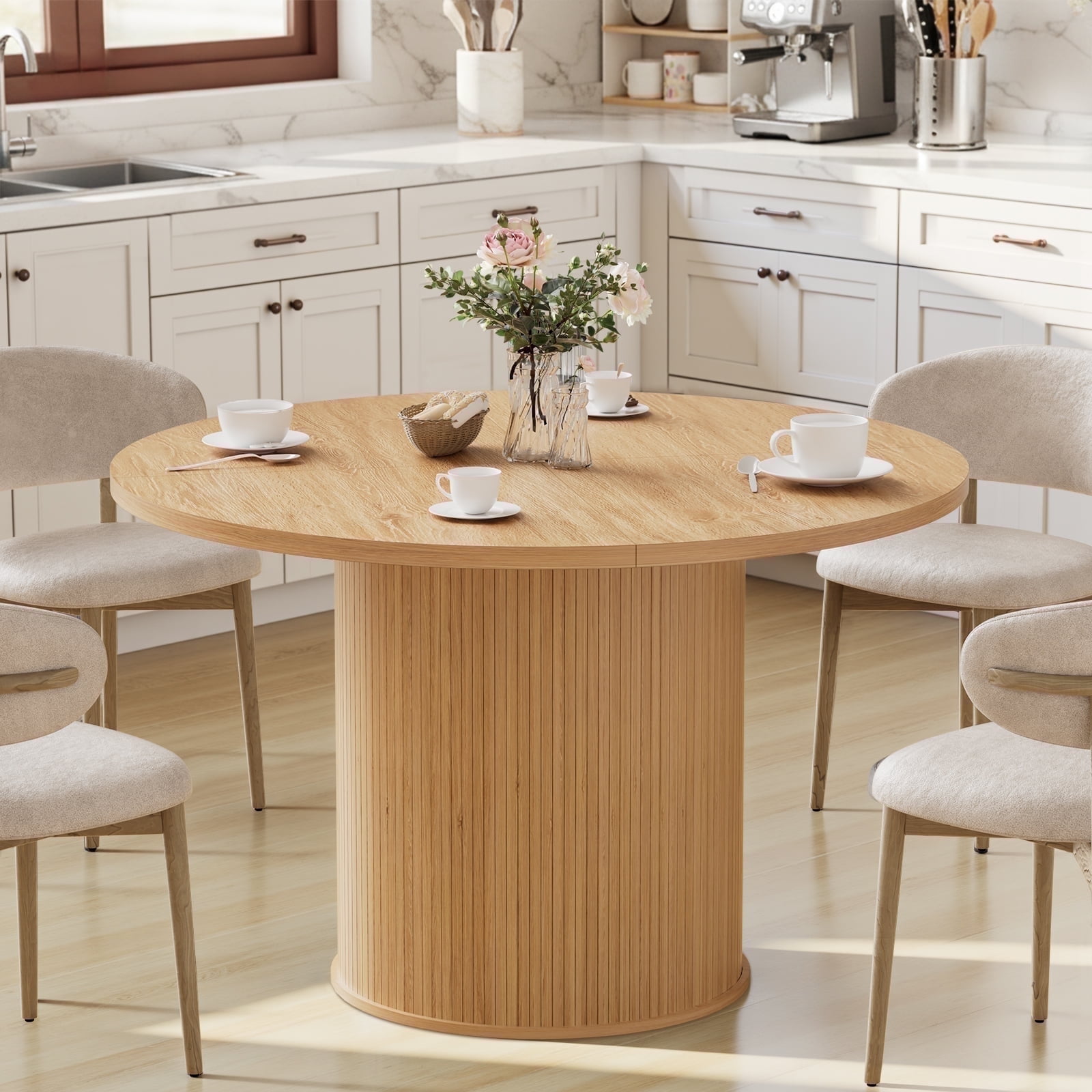 Hommpa 48" Round Dining Table Morden Kitchen Table Wood for 4 with Wood Slide Door for Kitchen Living Room,Heavy Duty Pedestal Base,Natural