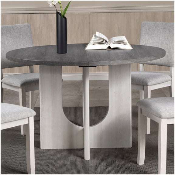 Round Dining Table for 4 People, Gray Two-Tone U-Shaped Pedestal Base, Durable Engineered Wood & Rubberwood