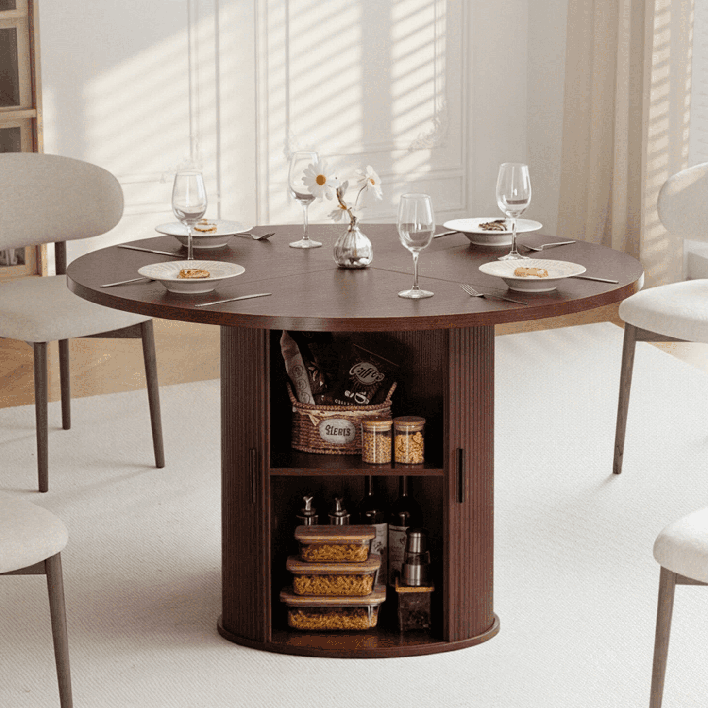 Hommpa 48" Round Dining Table with Storage, Morden Kitchen Table Wood for 4 with 2-Layer Storage Shelves and Wood Slide Door for Kitchen for Party Holiday Festival Christmas Gift, Brown