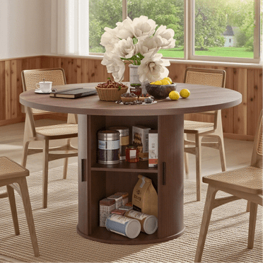 Hommpa 48" Round Dining Table with Storage,Morden Kitchen Table Wood for 4 with 2-Layer Storage Shelves and Wood Slide Door for Kitchen Living Room,Heavy Duty Pedestal Base,Brown