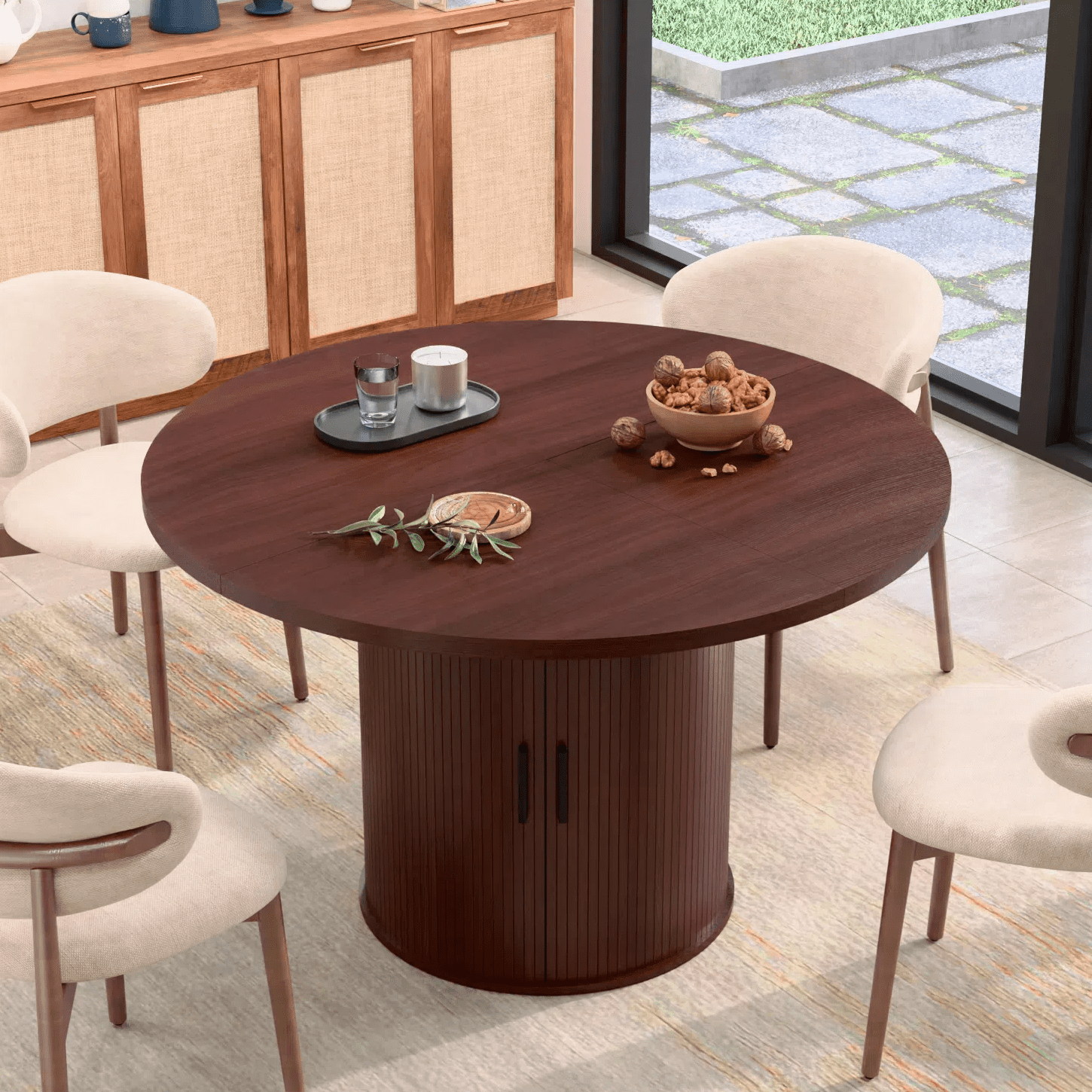 Hommpa 48" Round Dining Table with Storage, Morden Kitchen Table Wood for 4 with 2-Layer Storage Shelves and Wood Slide Door for Kitchen for Party Holiday Festival Christmas Gift, Brown