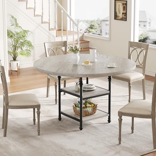 Round Dining Table for 4, Wood Kitchen Table Dinner Table with Storage Shelf & Metal Legs for Home Dining Room Living Room