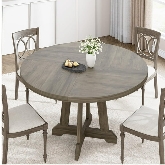 Round Dining Table for 4 to 6 People, 47 Inch Brown Wood Pedestal Base, Circular Kitchen Table for Dining Room and Living Room