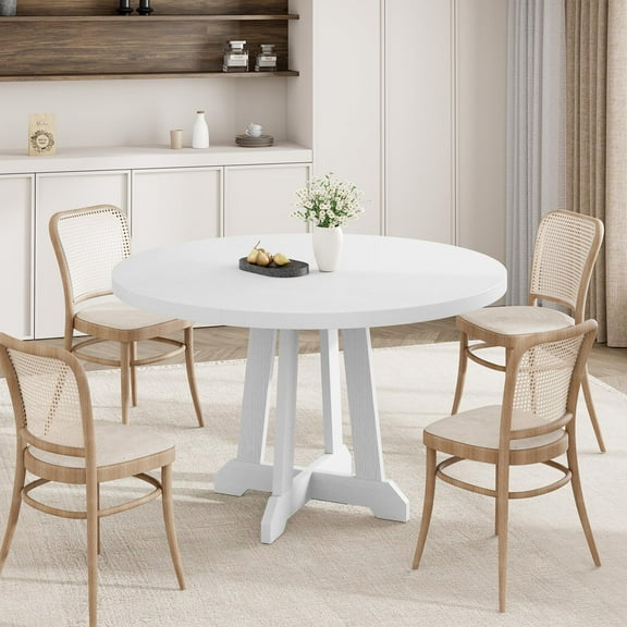 Round Dining Table for 4 to 6 People, 47 Inch Brown Wood Pedestal Base, Circular Kitchen Table for Dining Room and Living Room