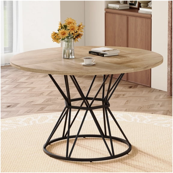 Round Dining Table for Small Space, Industrial Metal Base and Wood Grain Top, Seats 4-6