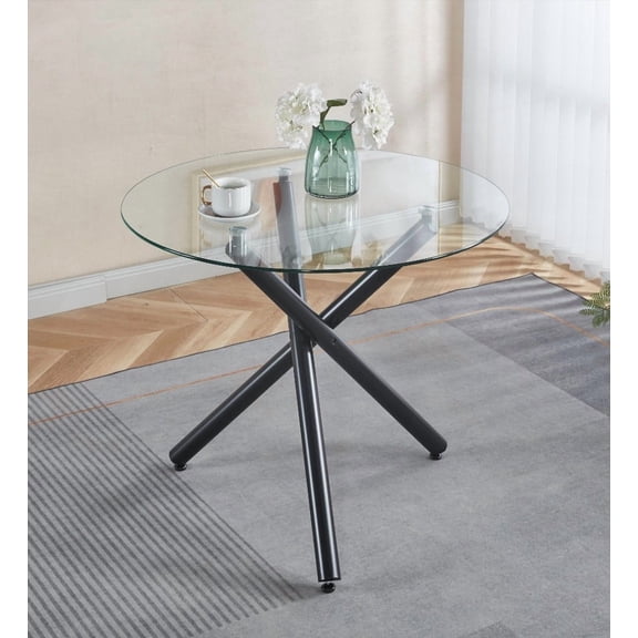 Coffee Table with Black Metal Legs & Tempered Glass, Saving Space & Easy to Clean