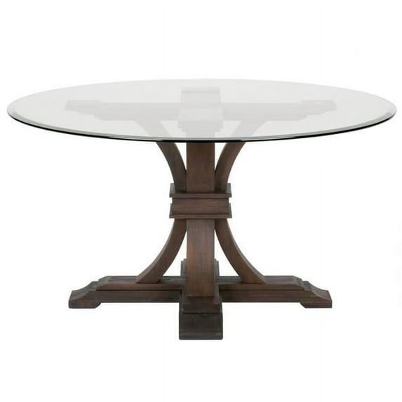 Benzara Round Dining Table with Glass Top, Stone Wash-Color:Rustic Java Brown