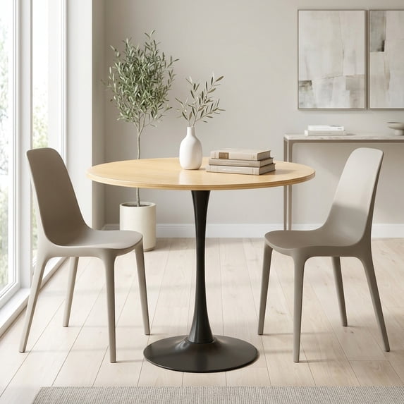 Round Dining Table with Natural Wood Finish and Metal Base - Modern Mid-Century Style