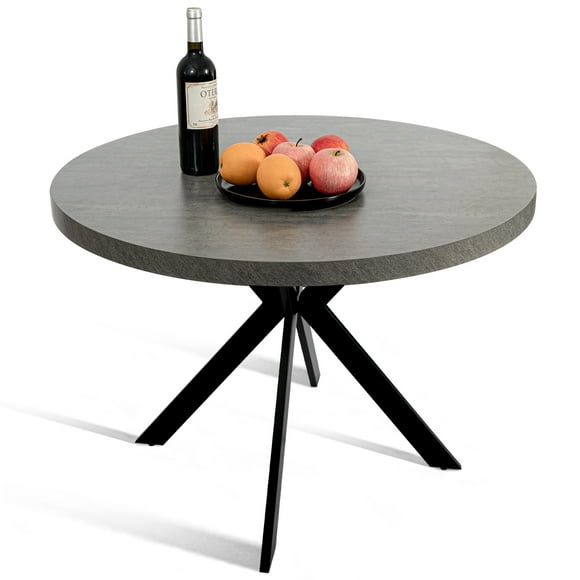 Round Dining Table with Solid Metal Legs for Home, Light Grey