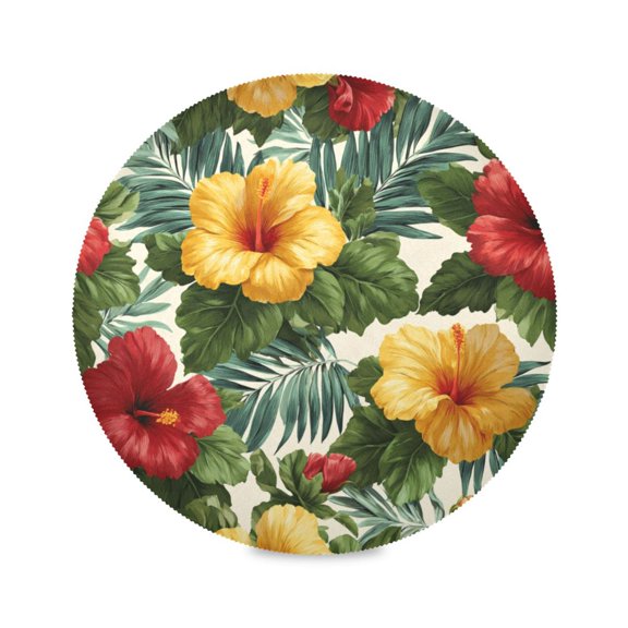 Round Dinner Plate Mat Round Placemat 15.4x15.4inx1 Placemat Table Mat Kitchen Mat Coffee Mat Fabric Thick Strong Wear-Resistant Heat Resistance Hawaiian Flower Palm Leaves