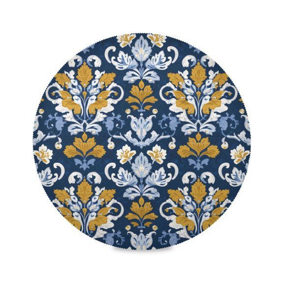 Round Dinner Plate Mat Round Placemat 15.4x15.4inx1 Placemat Table Mat Kitchen Mat Coffee Mat Fabric Thick Strong Wear-Resistant Heat Resistance Navy Damask Golden Florals