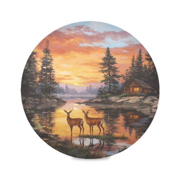 Round Dinner Plate Mat Round Placemat 15.4x15.4inx1 Placemat Table Mat Kitchen Mat Coffee Mat Fabric Thick Strong Wear-Resistant Heat Resistance Two Deer by Lake
