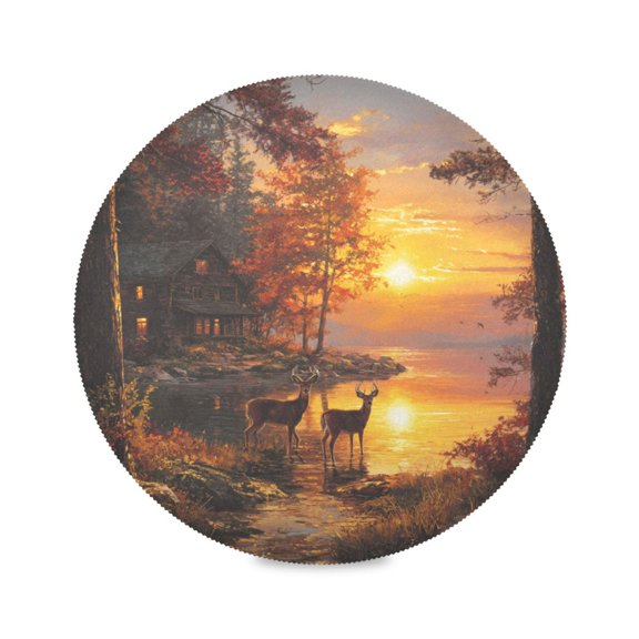 Round Dinner Plate Mat Round Placemat 15.4x15.4inx1 Placemat Table Mat Kitchen Mat Coffee Mat Fabric Thick Strong Wear-Resistant Heat Resistance Two Deer Near Lake