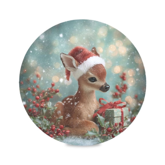 Round Dinner Plate Mat Round Placemat 15.4x15.4inx1 Placemat Table Mat Kitchen Mat Coffee Mat Fabric Thick Strong Wear-Resistant Heat Resistance Warm Christmas Deer Cartoon