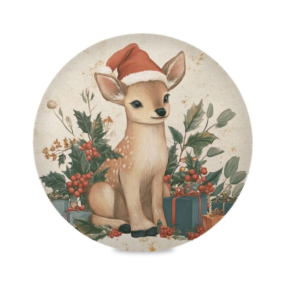 Round Dinner Plate Mat Round Placemat 15.4x15.4inx1 Placemat Table Mat Kitchen Mat Coffee Mat Fabric Thick Strong Wear-Resistant Heat Resistance Warm Christmas Orange Deer
