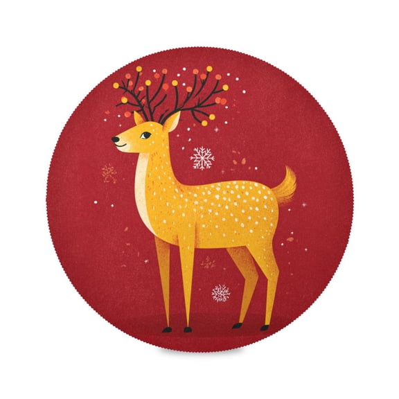 Round Dinner Plate Mat Round Placemat 15.4x15.4inx1 Placemat Table Mat Kitchen Mat Coffee Mat Fabric Thick Strong Wear-Resistant Heat Resistance Yellow Christmas Deer Beautiful