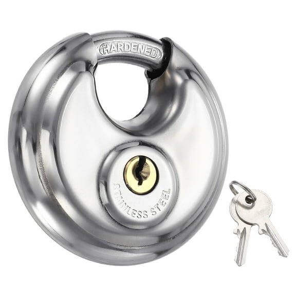 Round Disc Lock 2-4/5", Heavy Duty Stainless Steel Rustproof Keyed Alike Discus Padlock Waterproof Storage Unit Locks with 2 Keys for Outdoors Garages Fence Sheds, Silver