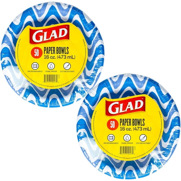 Round Disposable Paper Bowls, Blue Waves Design - Heavy Duty, Soak Proof, Cut-Resistant, Microwavable Bowl for All Foods & Daily Use, 16 Oz, 50 Count - 2 Pack