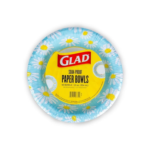 Round Disposable Paper Bowls, Lovely Daisies Design - Heavy Duty, Soak Proof, Cut-Resistant, Microwavable Bowl for All Foods & Daily Use, 12 Oz, 50 Count