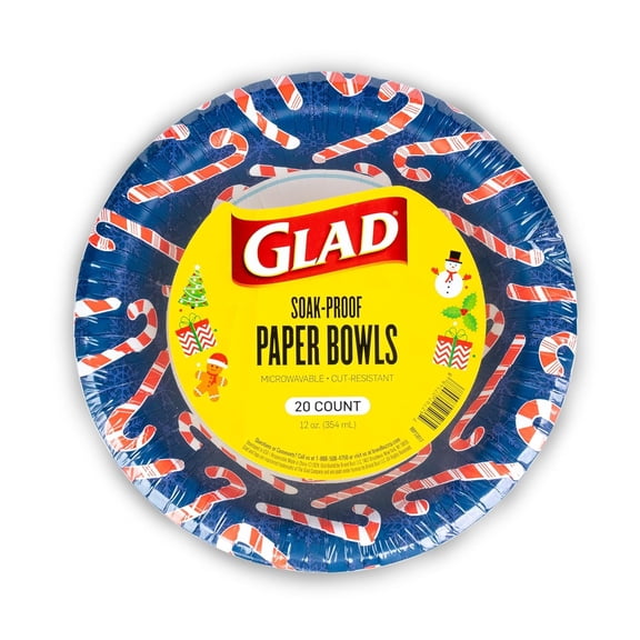 Round Disposable Paper Bowls, Navy Holiday Candy Cane Design - Heavy Duty, Soak Proof, Cut-Resistant, Microwavable Bowl for All Foods & Daily Use, 12 Oz, 20 Count