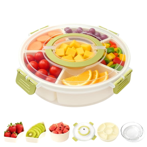 Round Divided Serving Tray with Lid 6-Compartment Food Organizer