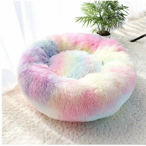 Round Dog Bed, Plush Faux Fur Donut Cuddle Bed with Removable Washable Cover, Orthopedic Support for Cats & Small Medium Dogs 80Blue