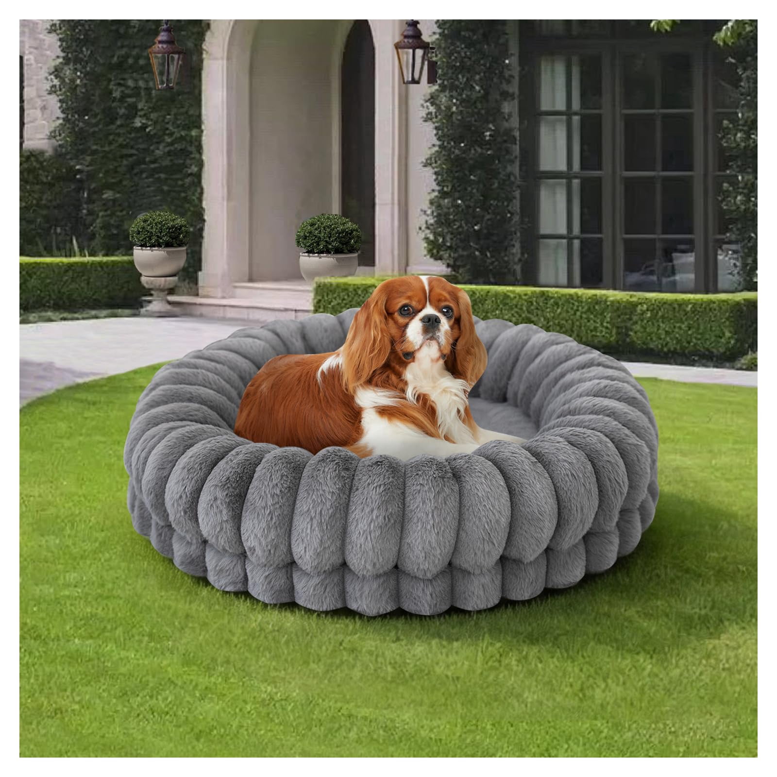 Round Donut Pet Bed 24 Inches Gray Washable Orthopedic for Small Dogs and Cats