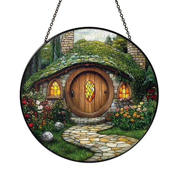 Round Door Cottage Scene Window Suncatcher, Decorative Stained Glass Style Storybook Art, Thoughtful Gift